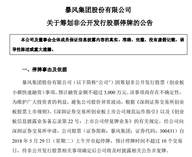 暴风集团今日起停牌,拟融资不超过5000万元