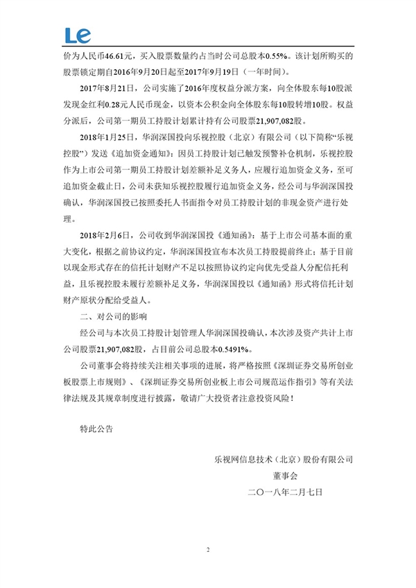 乐视网被迫提前终止第一期员工持股计划