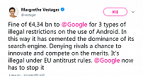欧盟拟对谷歌处以43.4亿欧元罚款 谷歌表示将上诉