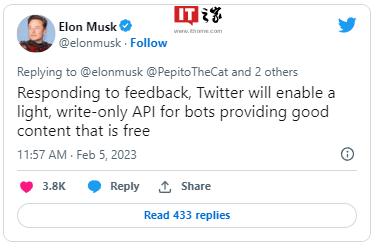 马斯克：提供“好内容”的机器人可免费使用Twitter的API